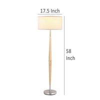 Nary Floor Lamp, 58 Inch Tapered Wood Stem, White Fabric, Chrome Metal -BM329183