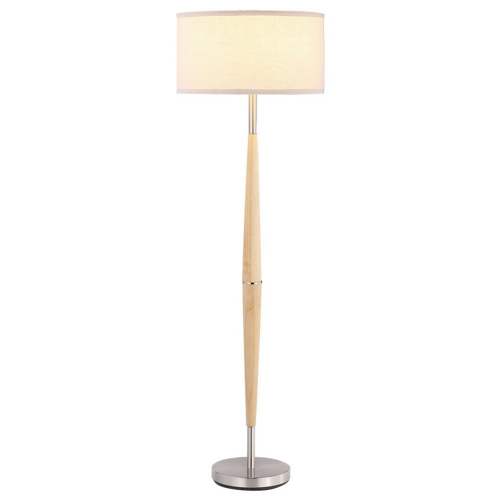 Nary Floor Lamp, 58 Inch Tapered Wood Stem, White Fabric, Chrome Metal -BM329183