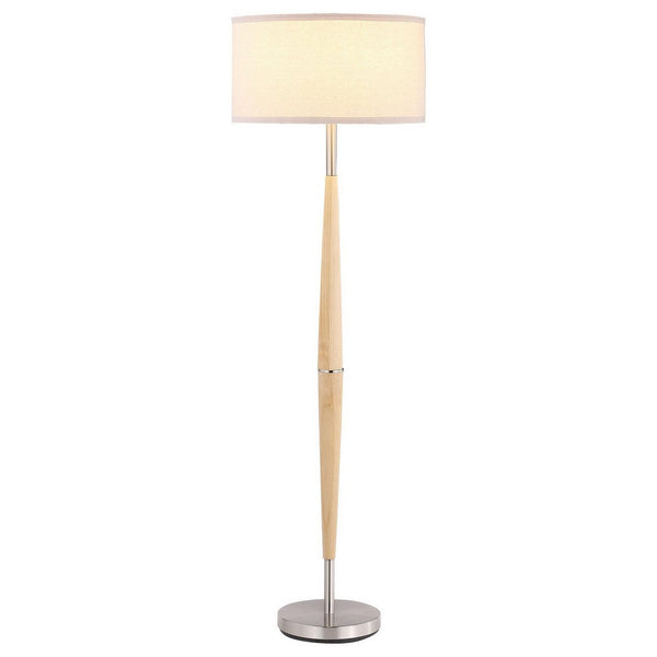 Nary Floor Lamp, 58 Inch Tapered Wood Stem, White Fabric, Chrome Metal -BM329183