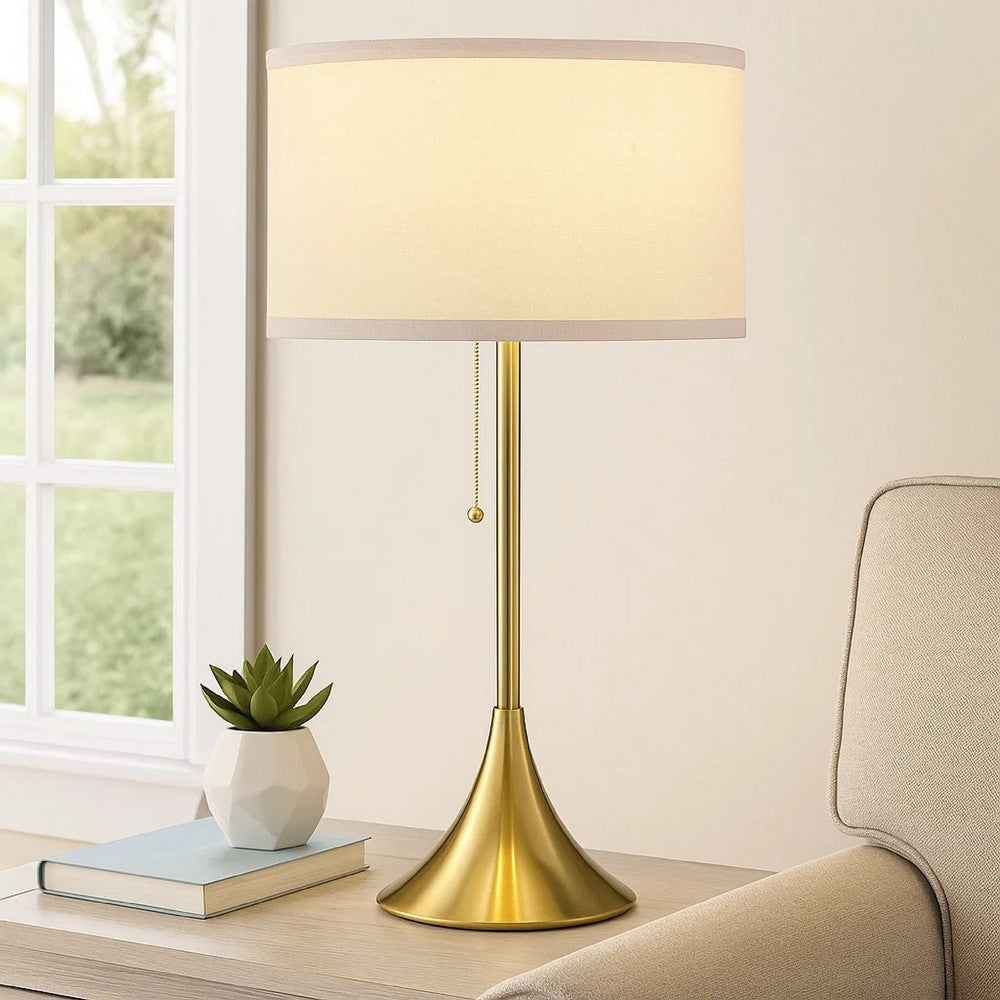 Mikka Table Lamp, Pull-Chain, Gold Flared Pedestal Base, Beige Fabric -BM329184
