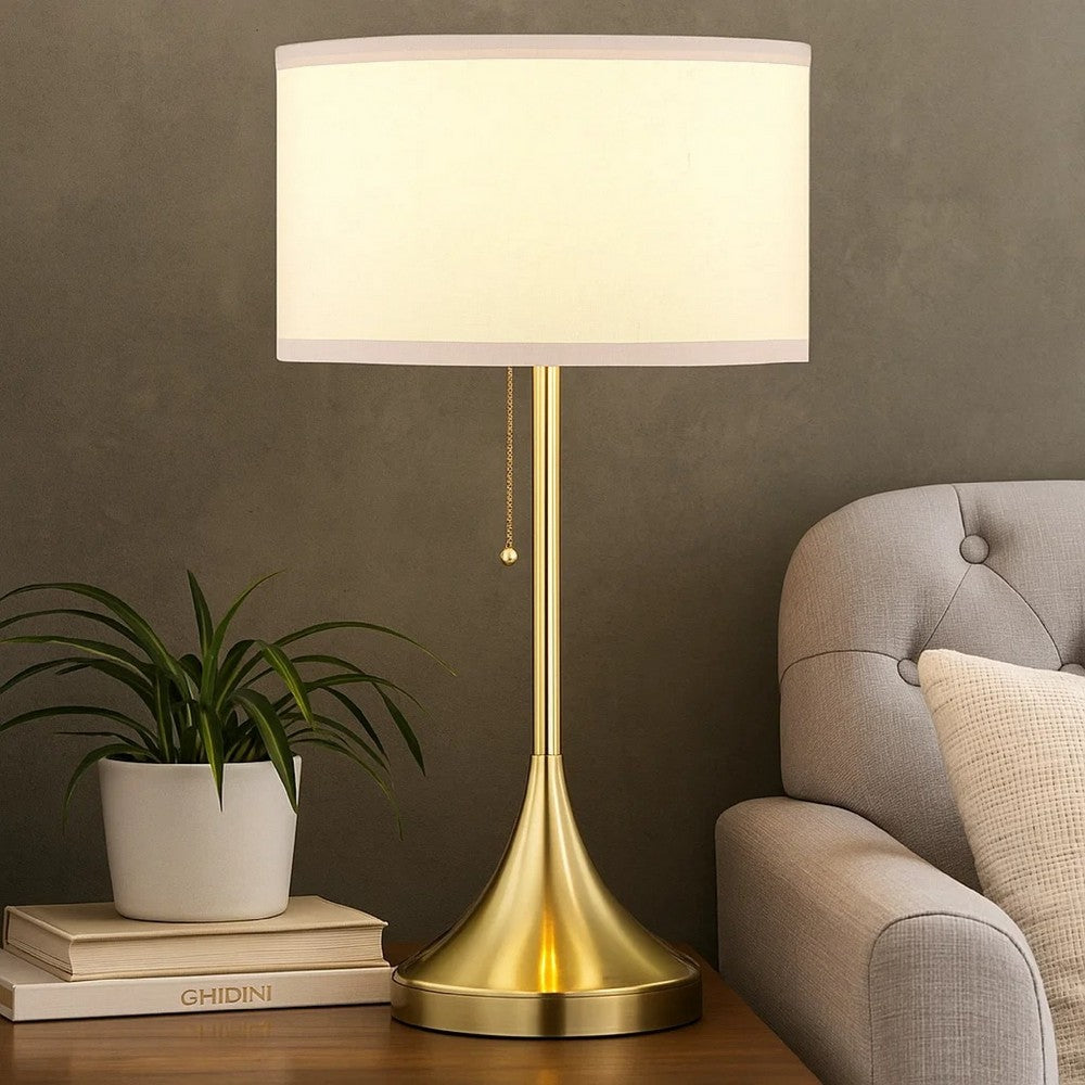 Mikka Table Lamp, Pull-Chain, Gold Flared Pedestal Base, Beige Fabric -BM329184