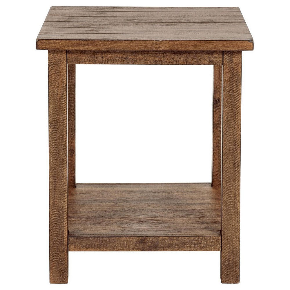 Ayne Side End Table, 1 Shelf, Distressed Brown Wood, Square 20 Inch -BM329188
