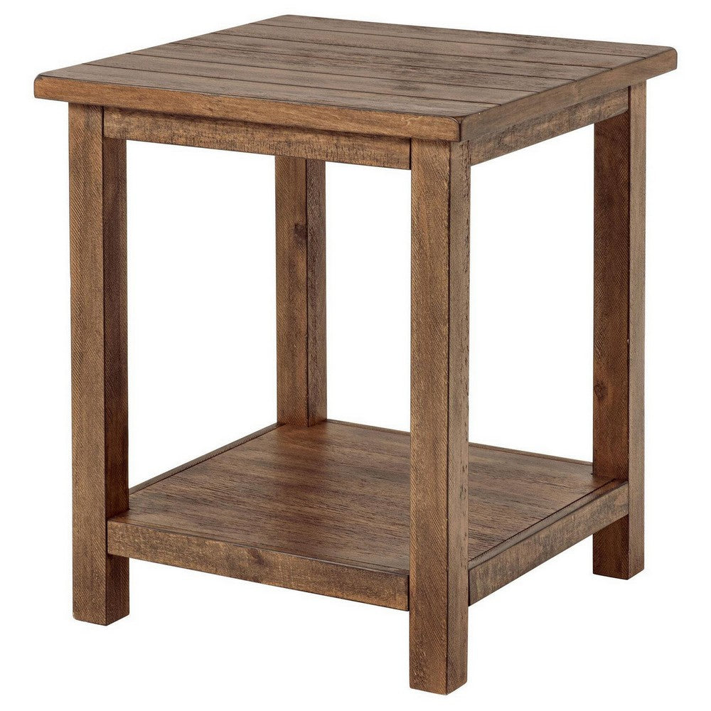 Ayne Side End Table, 1 Shelf, Distressed Brown Wood, Square 20 Inch -BM329188