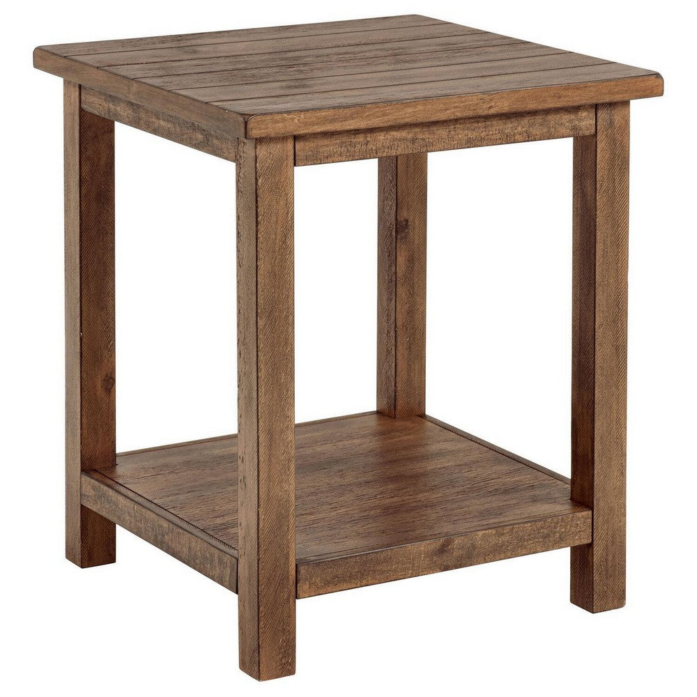 Ayne Side End Table, 1 Shelf, Distressed Brown Wood, Square 20 Inch -BM329188