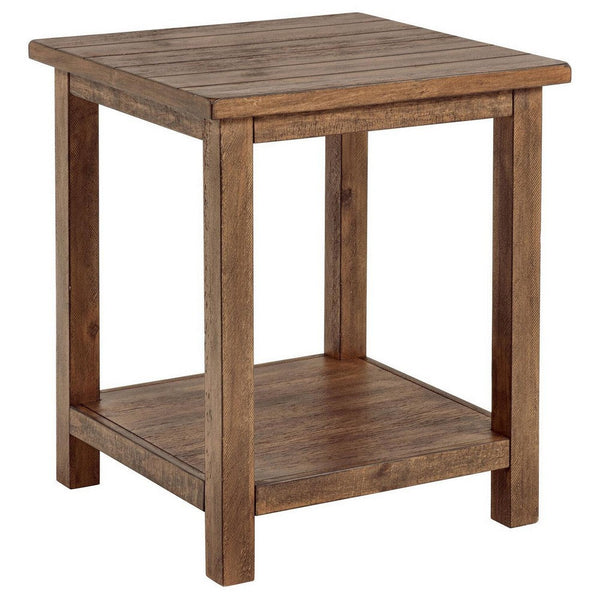 Ayne Side End Table, 1 Shelf, Distressed Brown Wood, Square 20 Inch -BM329188