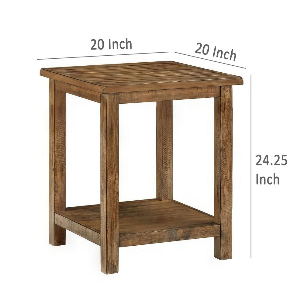 Ayne Side End Table, 1 Shelf, Distressed Brown Wood, Square 20 Inch -BM329188