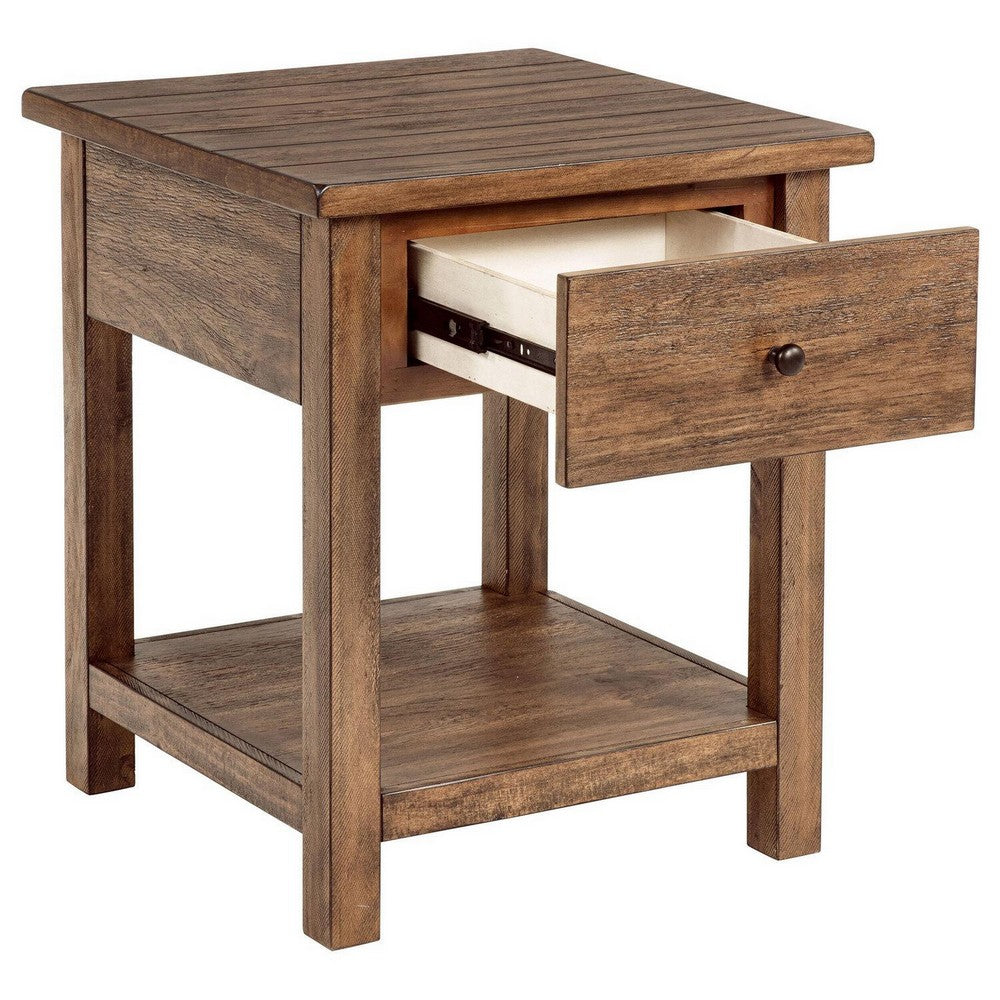 Ayne Side End Table, 1 Shelf, 1 Drawer, Brown Wood, Square 20 Inch -BM329189