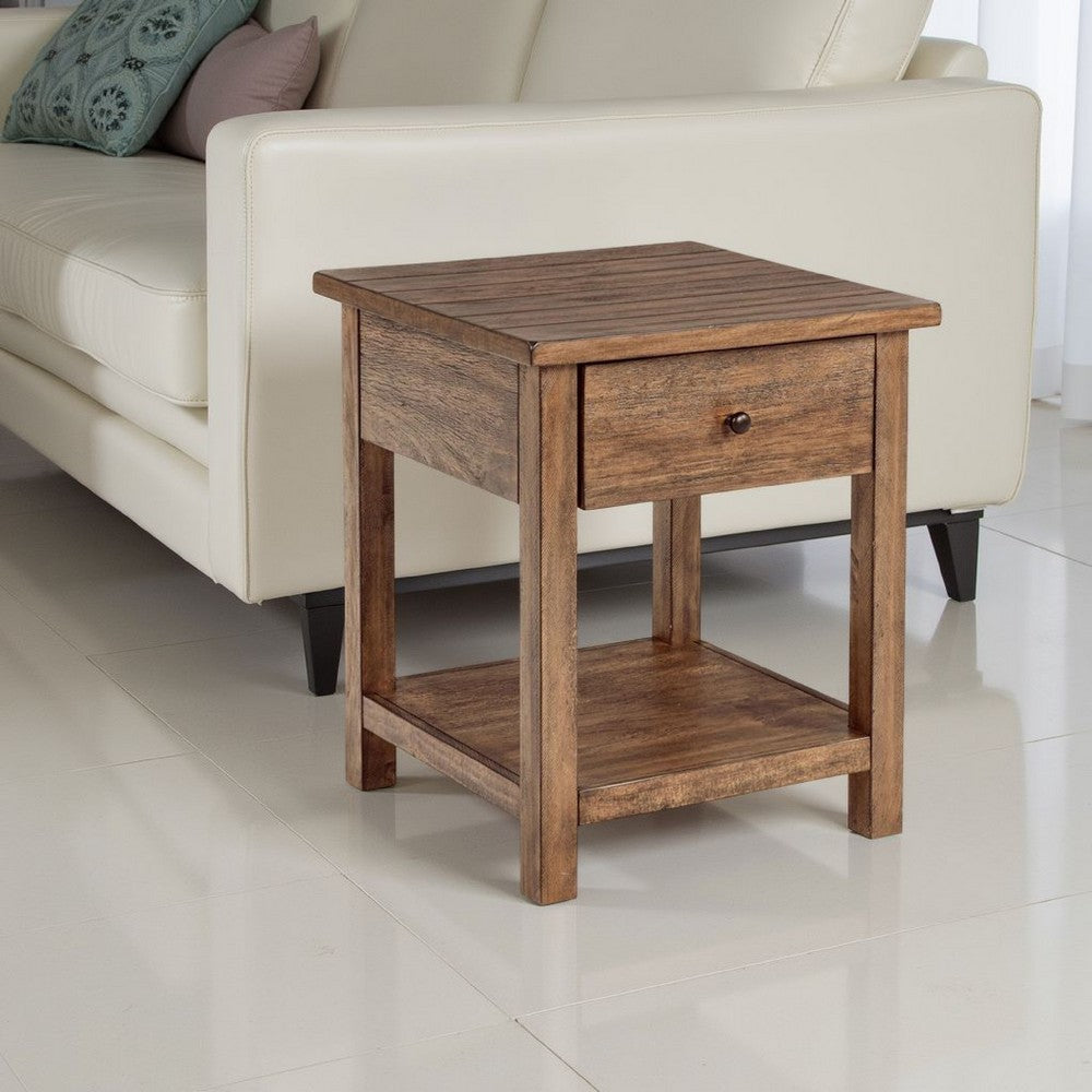 Ayne Side End Table, 1 Shelf, 1 Drawer, Brown Wood, Square 20 Inch -BM329189