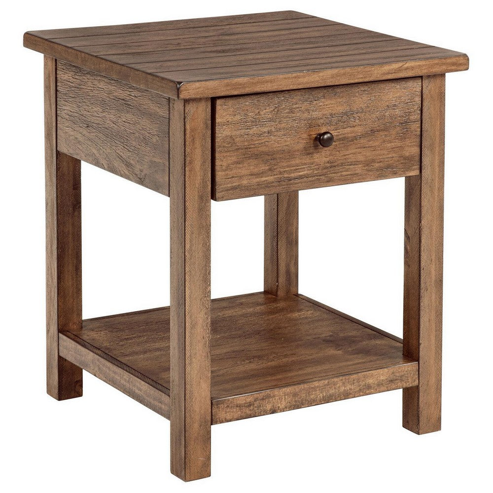 Ayne Side End Table, 1 Shelf, 1 Drawer, Brown Wood, Square 20 Inch -BM329189
