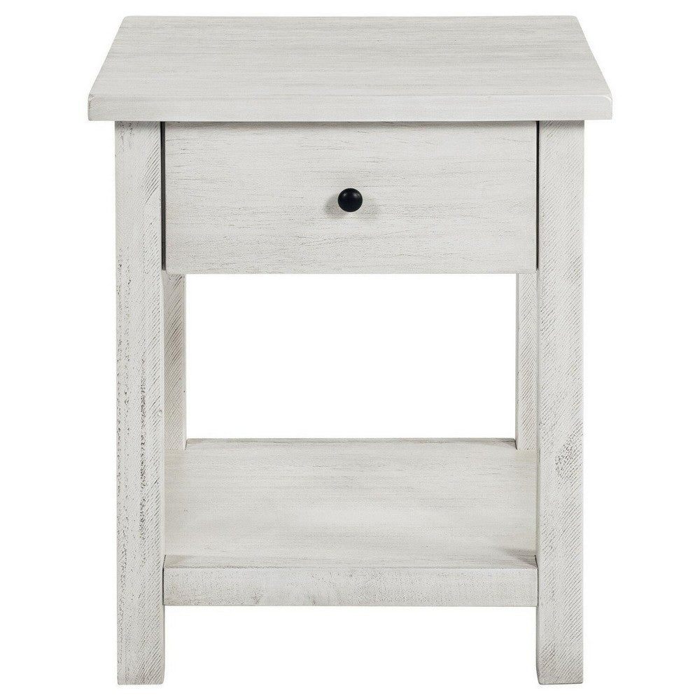 Ayne Side End Table, 1 Drawer, Distressed White Wood, Square 20 Inch -BM329193