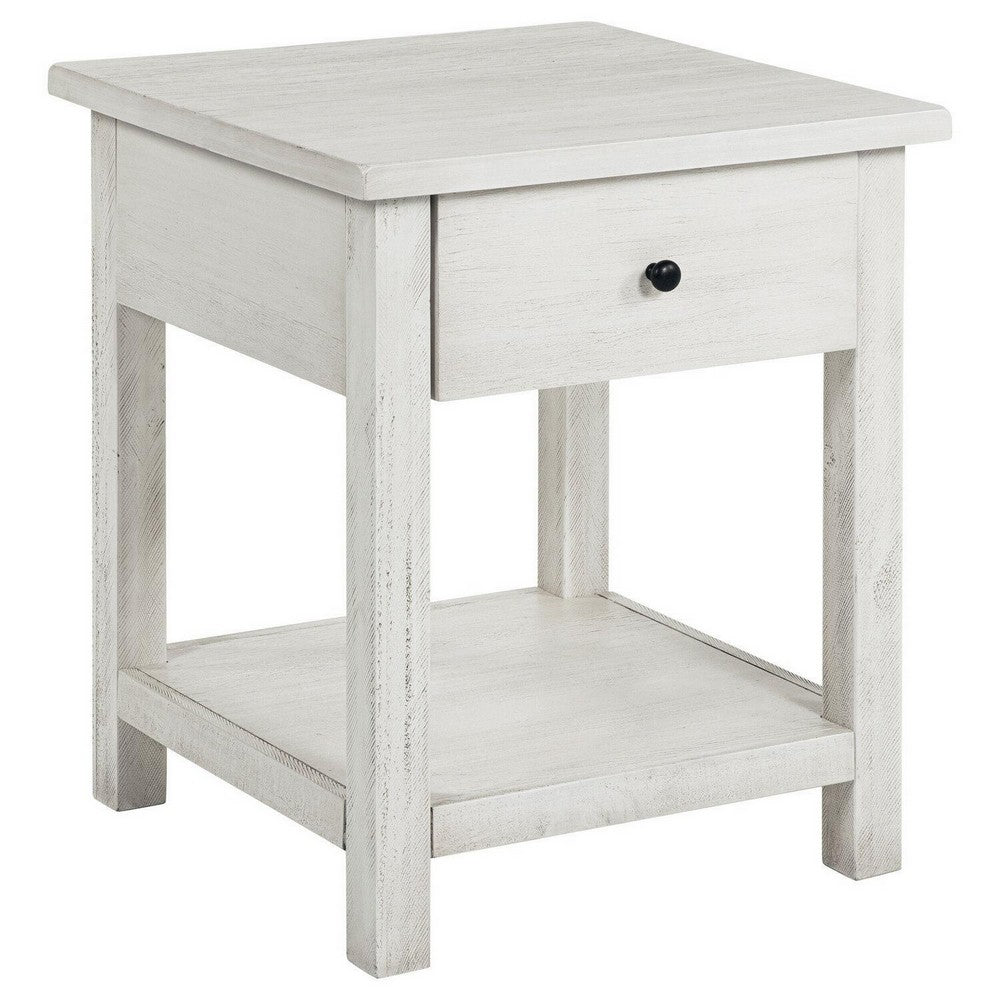 Ayne Side End Table, 1 Drawer, Distressed White Wood, Square 20 Inch -BM329193