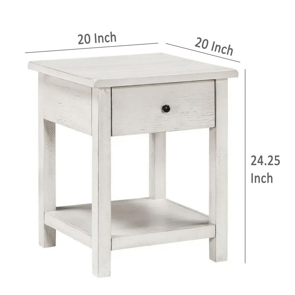 Ayne Side End Table, 1 Drawer, Distressed White Wood, Square 20 Inch -BM329193