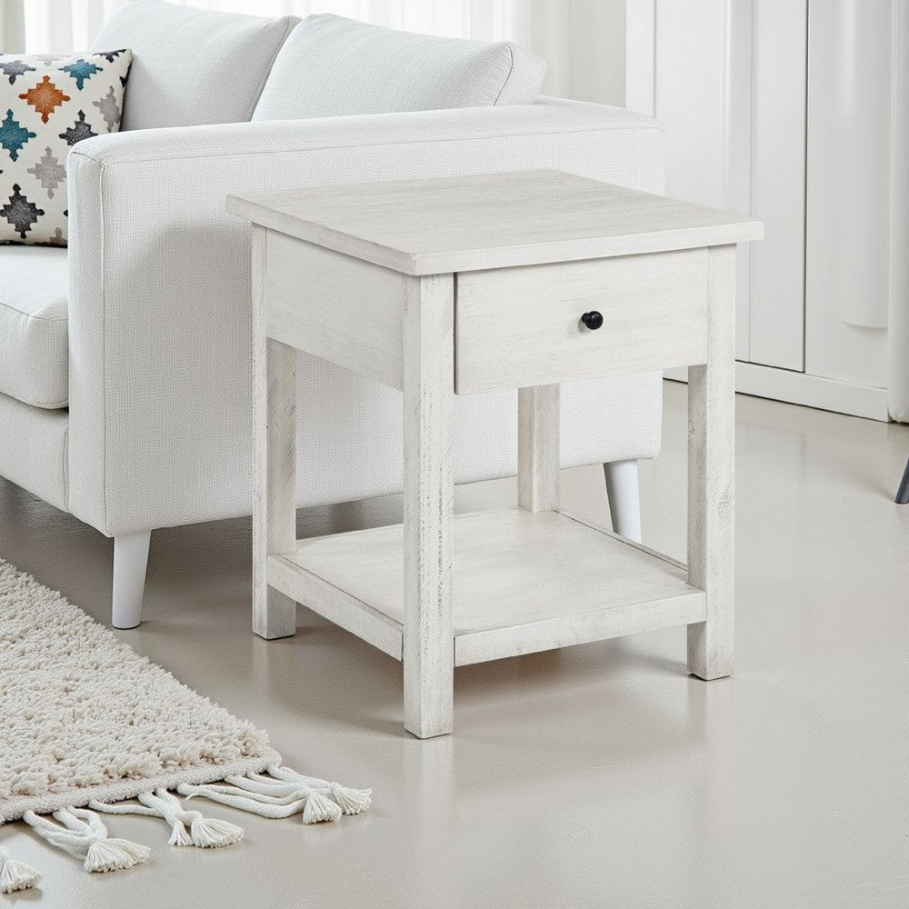 Ayne Side End Table, 1 Drawer, Distressed White Wood, Square 20 Inch -BM329193