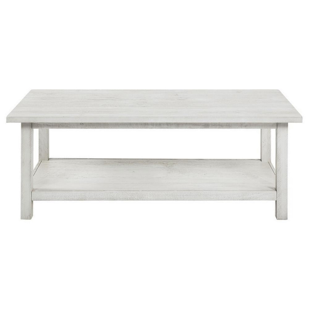 Ayne Coffee Table, 1 Bottom Shelf, Distressed White Wood, 47 Inch -BM329194