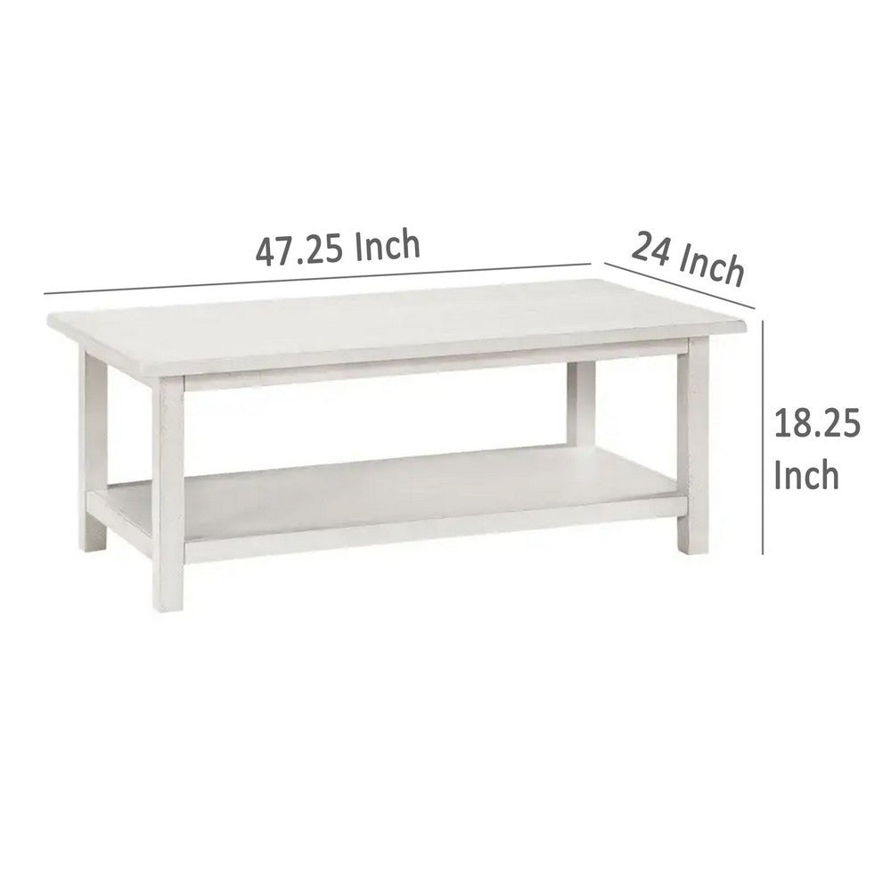 Ayne Coffee Table, 1 Bottom Shelf, Distressed White Wood, 47 Inch -BM329194