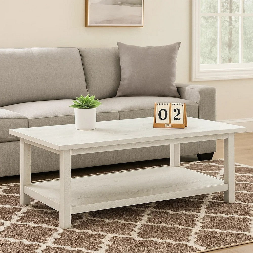Ayne Coffee Table, 1 Bottom Shelf, Distressed White Wood, 47 Inch -BM329194