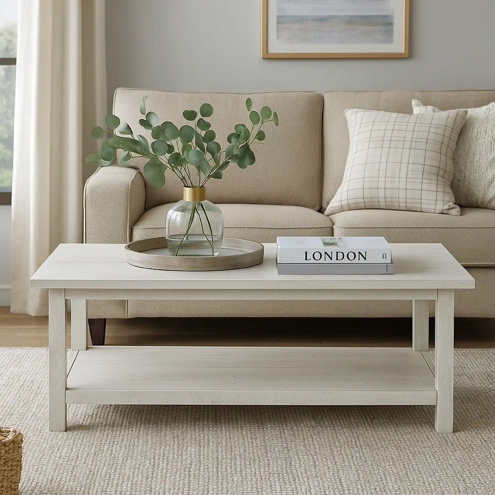 Ayne Coffee Table, 1 Bottom Shelf, Distressed White Wood, 47 Inch -BM329194