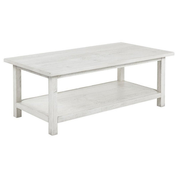Ayne Coffee Table, 1 Bottom Shelf, Distressed White Wood, 47 Inch -BM329194