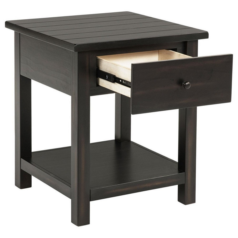 Ayne Side End Table, 1 Shelf, 1 Drawer, Black Wood, Square 20 Inch -BM329197