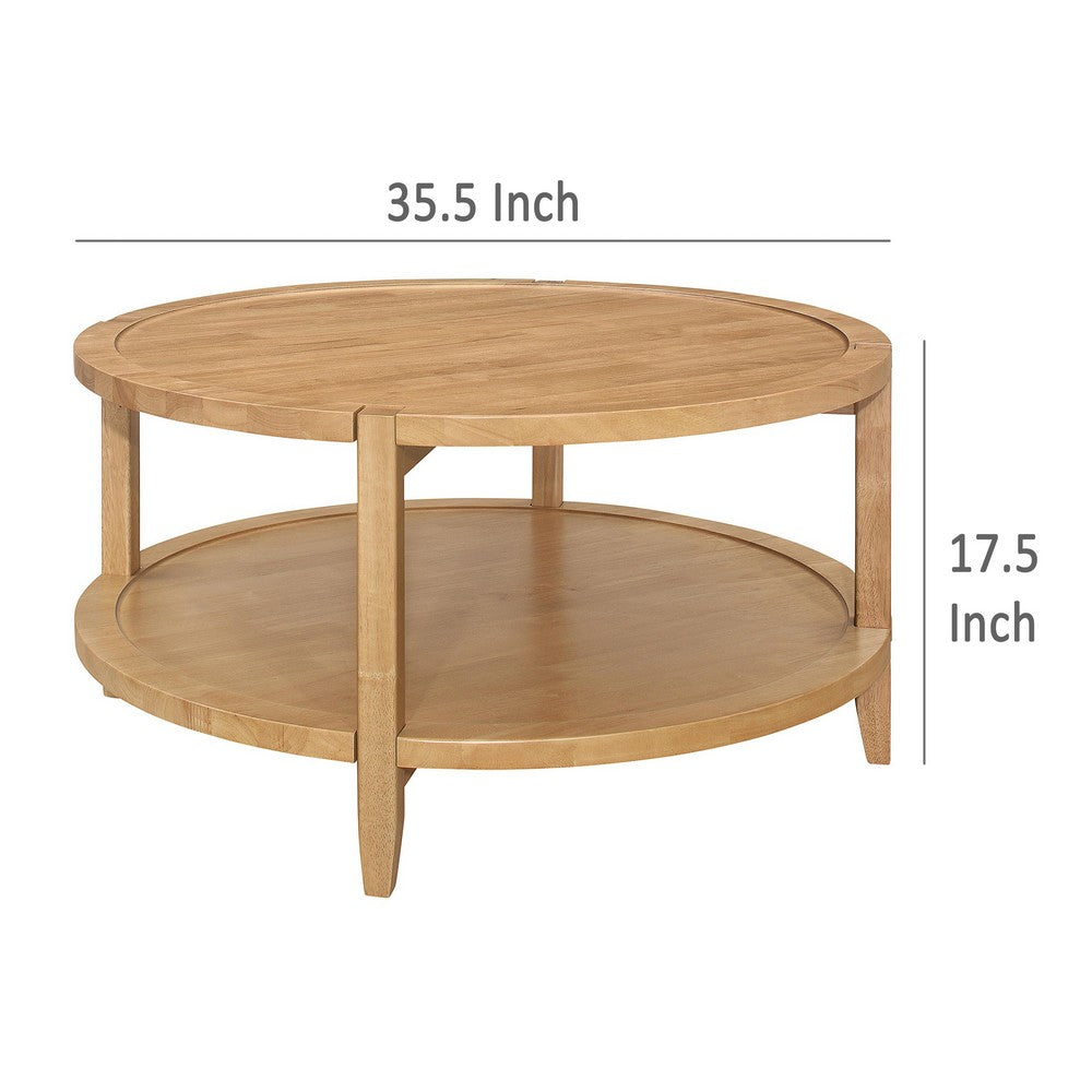 Camilia Coffee Table, 1 Shelf, Round Maple Brown Solid Wood, 36 Inch  -BM329202