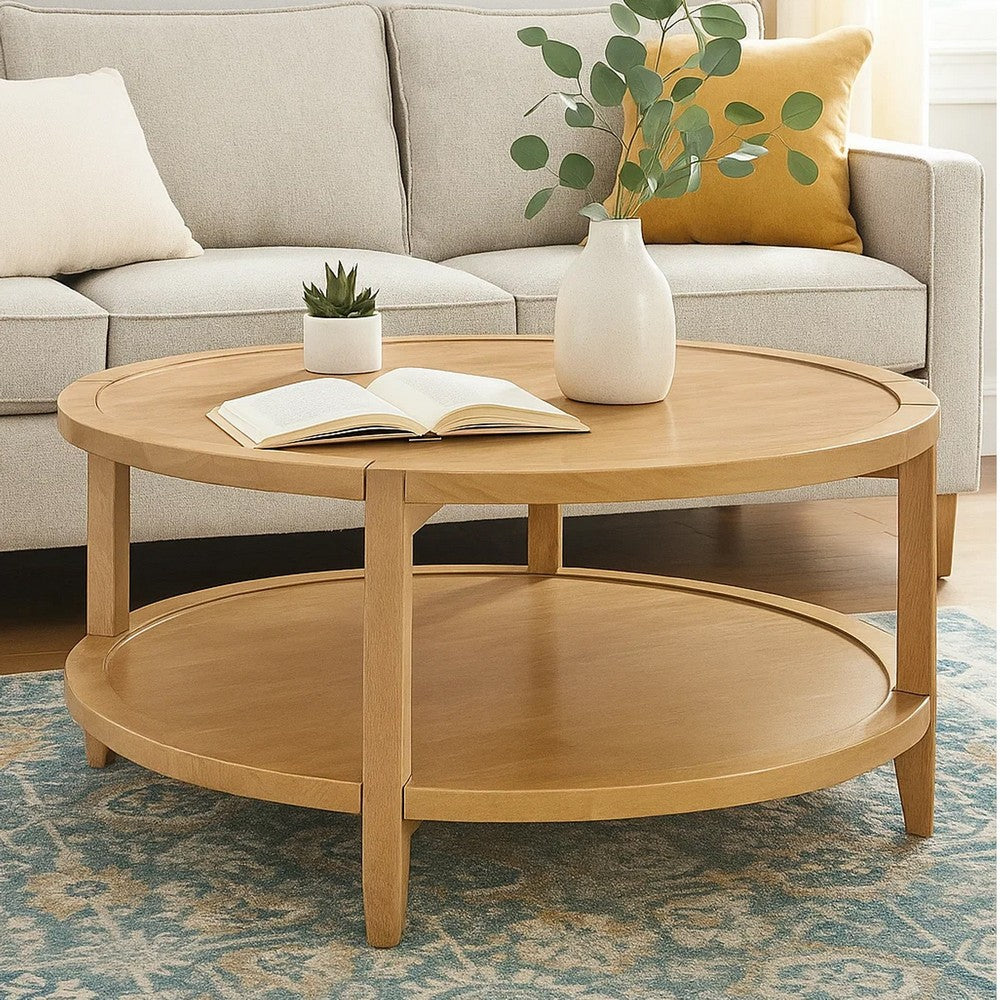 Camilia Coffee Table, 1 Shelf, Round Maple Brown Solid Wood, 36 Inch  -BM329202
