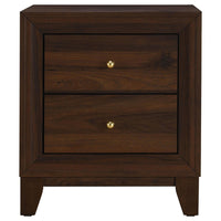 Yels Nightstand with 2 Drawers, Gold Metal Knobs, Walnut Brown  -BM329213