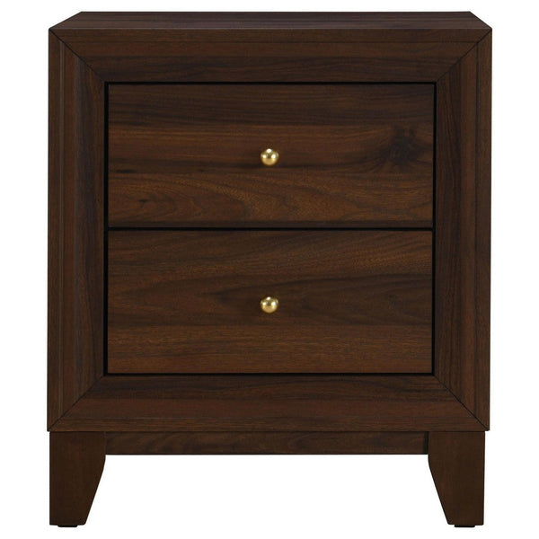 Yels Nightstand with 2 Drawers, Gold Metal Knobs, Walnut Brown  -BM329213