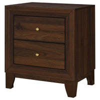 Yels Nightstand with 2 Drawers, Gold Metal Knobs, Walnut Brown  -BM329213