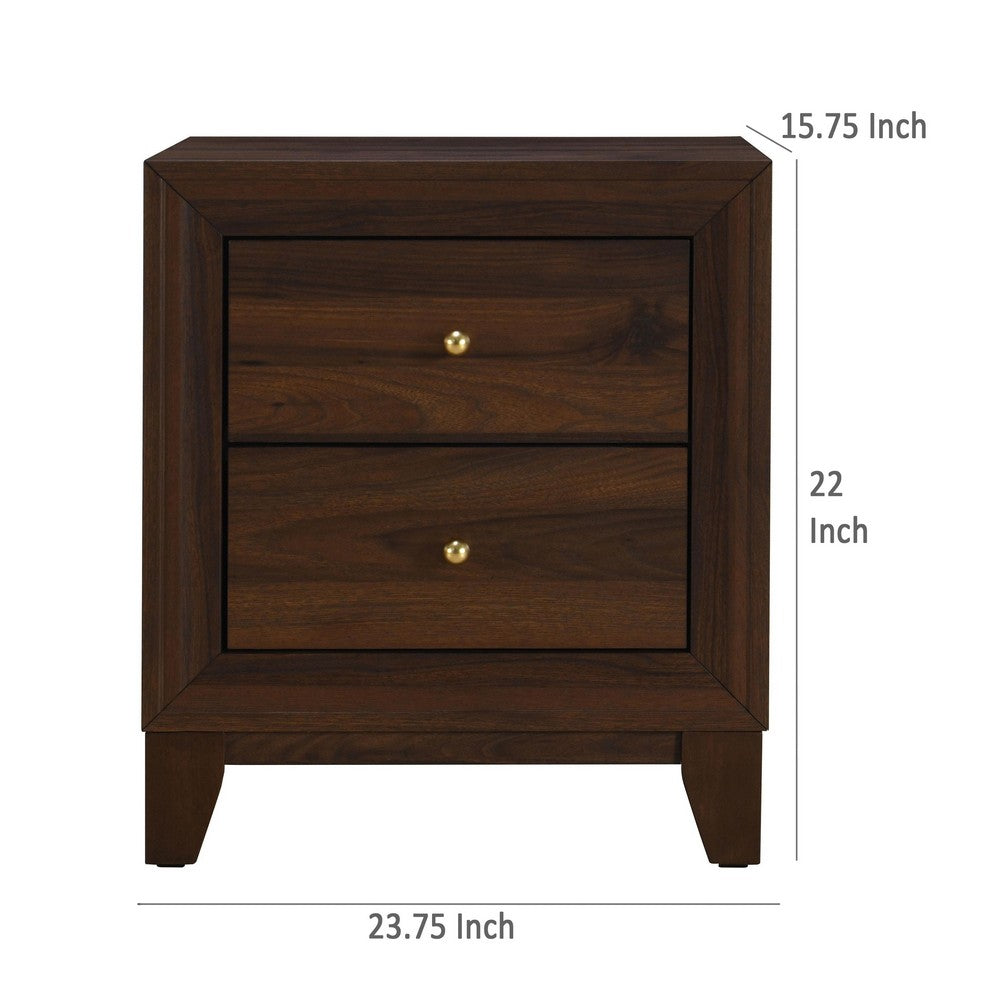Yels Nightstand with 2 Drawers, Gold Metal Knobs, Walnut Brown  -BM329213