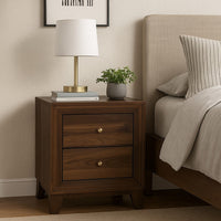 Yels Nightstand with 2 Drawers, Gold Metal Knobs, Walnut Brown  -BM329213