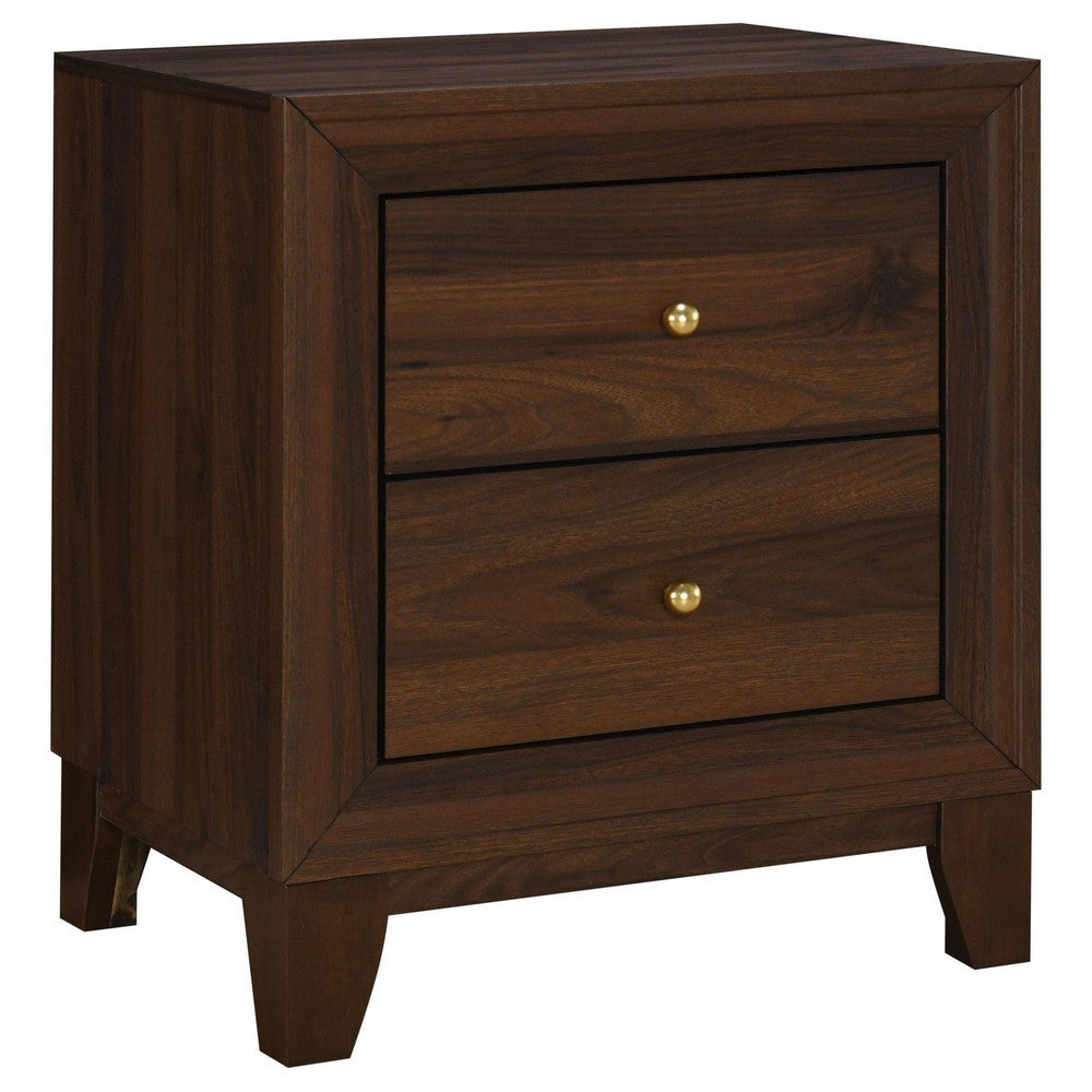 Yels Nightstand with 2 Drawers, Gold Metal Knobs, Walnut Brown  -BM329213