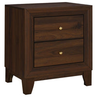 Yels Nightstand with 2 Drawers, Gold Metal Knobs, Walnut Brown  -BM329213