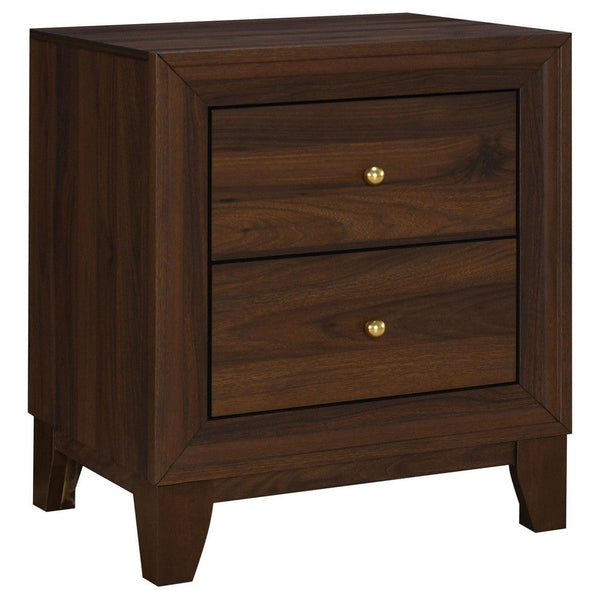 Yels Nightstand with 2 Drawers, Gold Metal Knobs, Walnut Brown  -BM329213