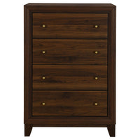 Yels Tall Dresser Chest with 4 Drawers, Gold Metal Knobs, Walnut Brown -BM329215