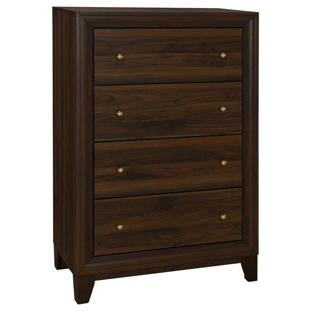 Yels Tall Dresser Chest with 4 Drawers, Gold Metal Knobs, Walnut Brown -BM329215
