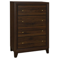 Yels Tall Dresser Chest with 4 Drawers, Gold Metal Knobs, Walnut Brown -BM329215