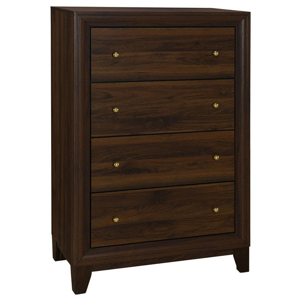 Yels Tall Dresser Chest with 4 Drawers, Gold Metal Knobs, Walnut Brown -BM329215
