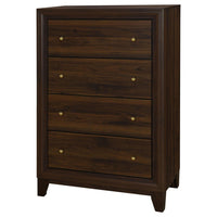 Yels Tall Dresser Chest with 4 Drawers, Gold Metal Knobs, Walnut Brown -BM329215