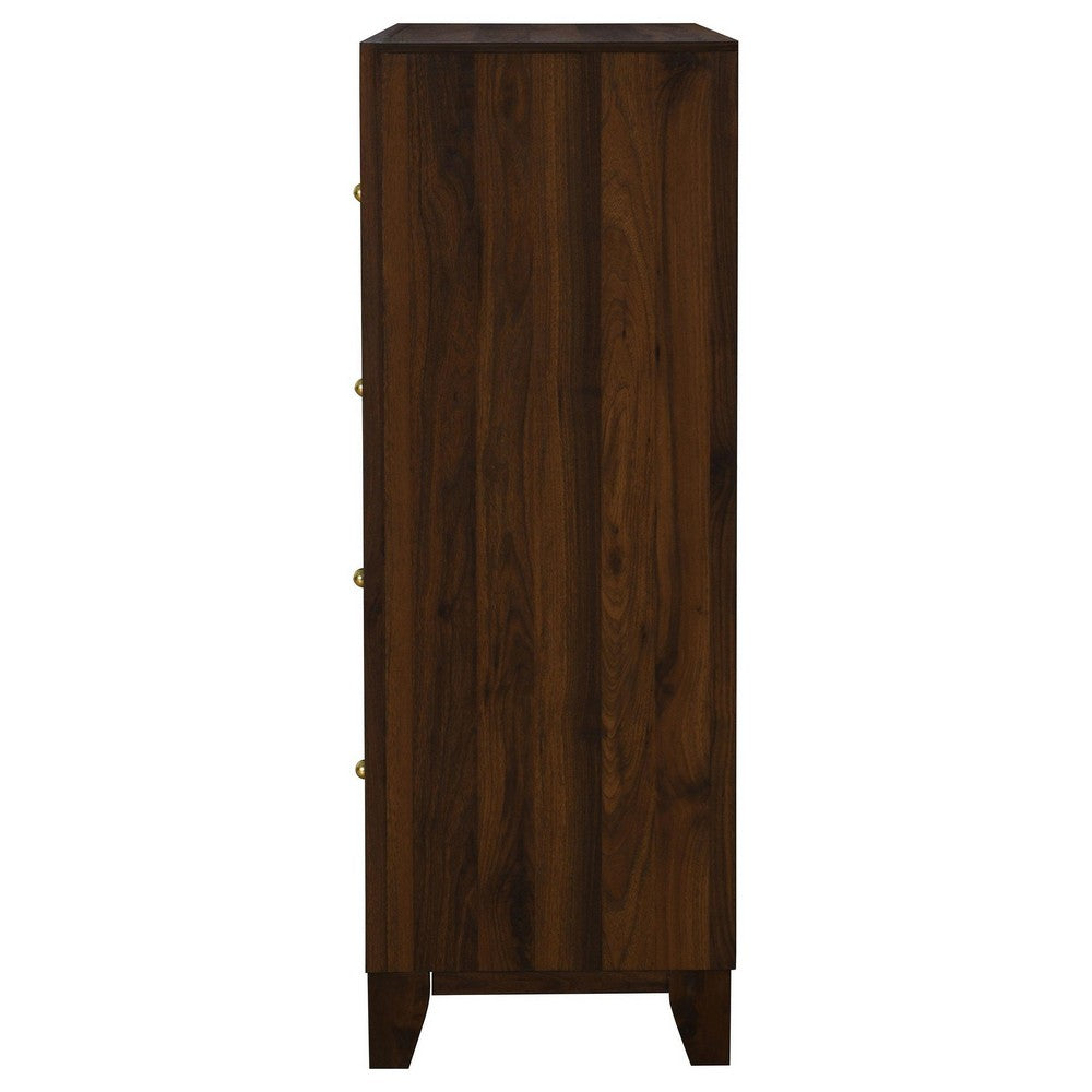 Yels Tall Dresser Chest with 4 Drawers, Gold Metal Knobs, Walnut Brown -BM329215