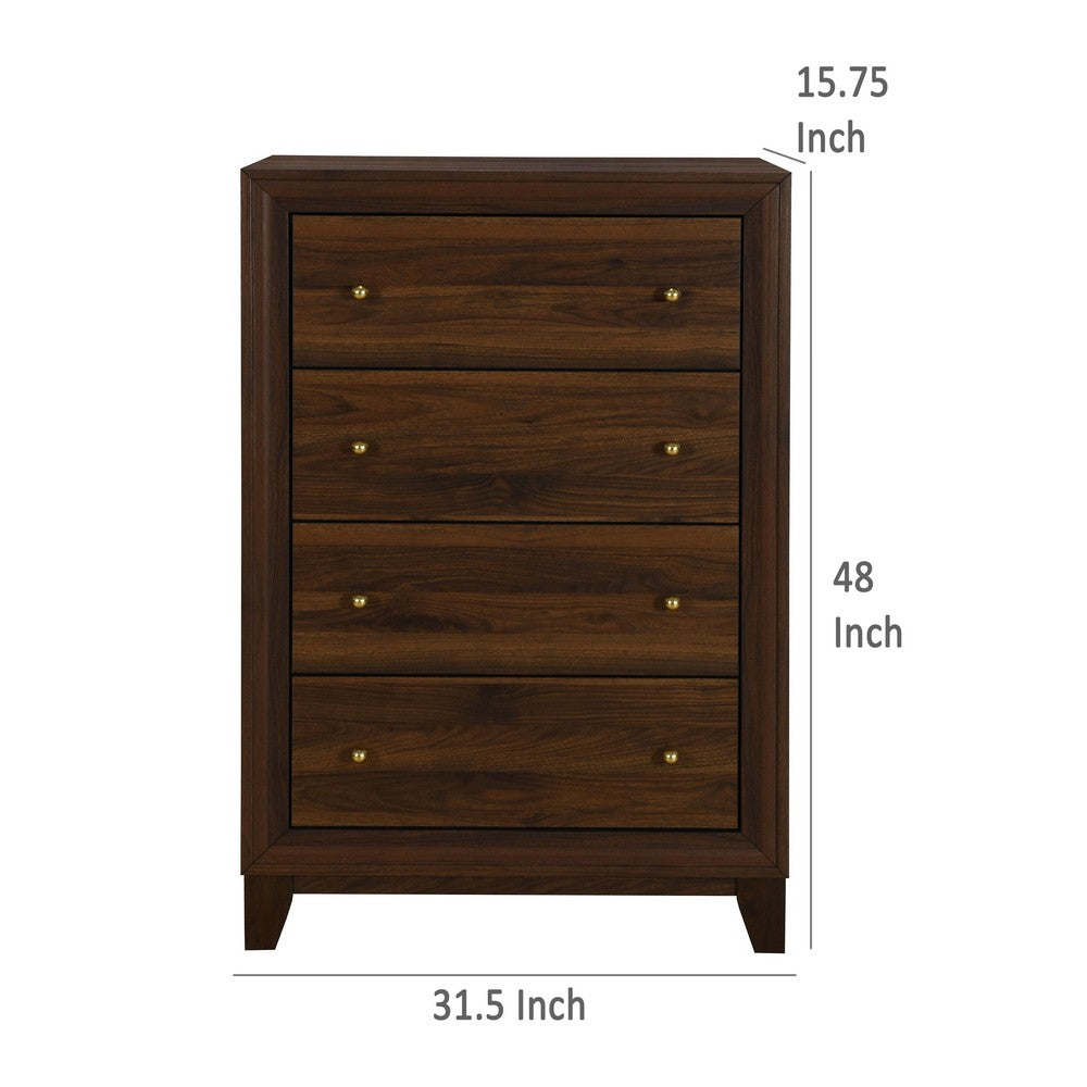 Yels Tall Dresser Chest with 4 Drawers, Gold Metal Knobs, Walnut Brown -BM329215