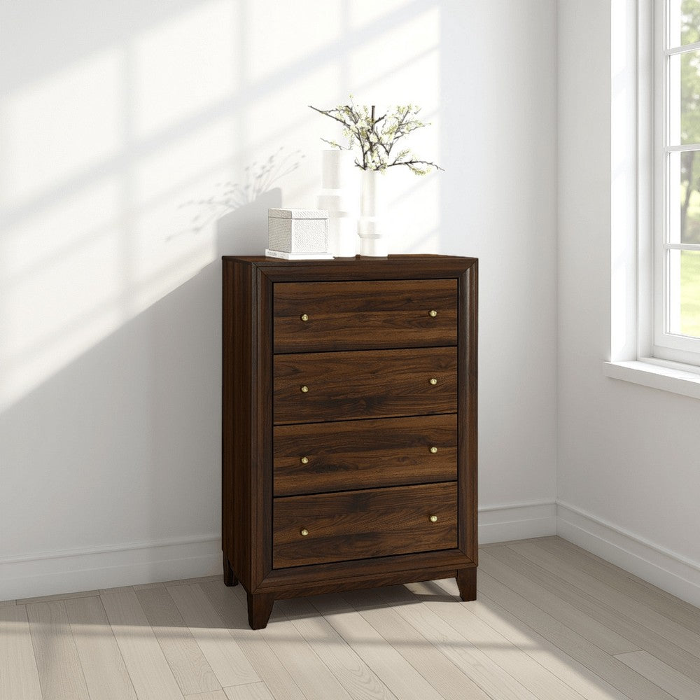 Yels Tall Dresser Chest with 4 Drawers, Gold Metal Knobs, Walnut Brown -BM329215