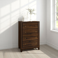 Yels Tall Dresser Chest with 4 Drawers, Gold Metal Knobs, Walnut Brown -BM329215