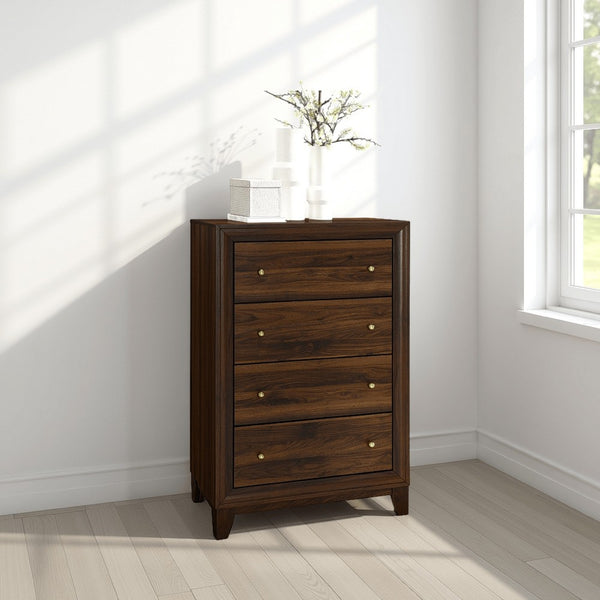 Yels Tall Dresser Chest with 4 Drawers, Gold Metal Knobs, Walnut Brown -BM329215
