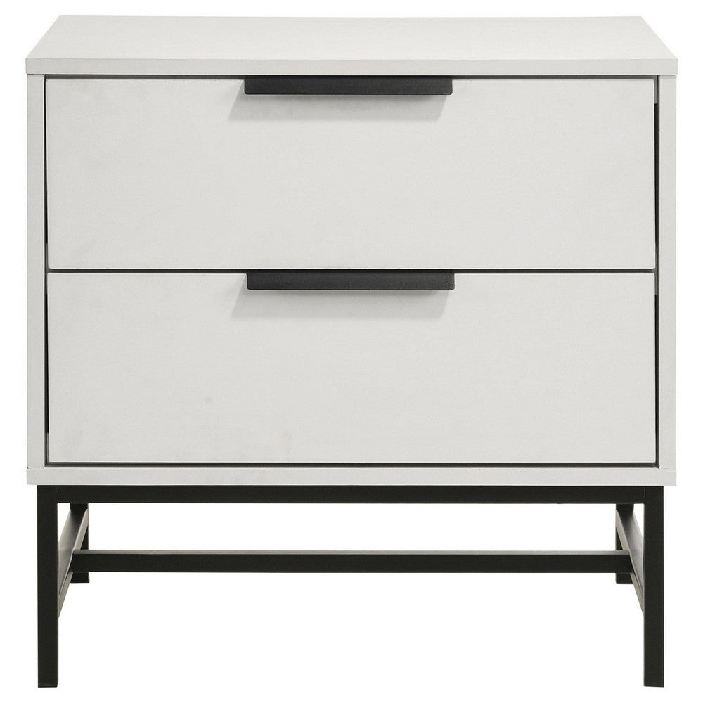 Noro Nightstand, 24 Inch, 2 Storage Drawers, Modern White, Black Metal -BM329234