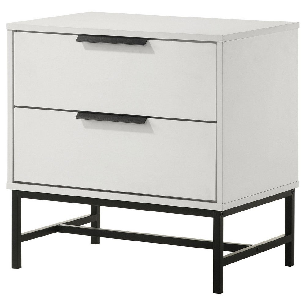 Noro Nightstand, 24 Inch, 2 Storage Drawers, Modern White, Black Metal -BM329234