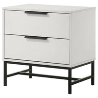 Noro Nightstand, 24 Inch, 2 Storage Drawers, Modern White, Black Metal -BM329234