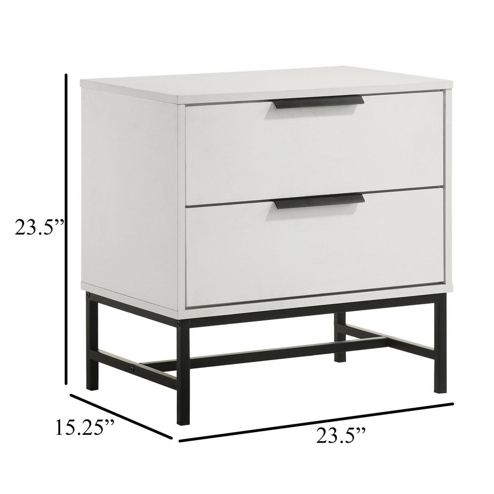 Noro Nightstand, 24 Inch, 2 Storage Drawers, Modern White, Black Metal -BM329234