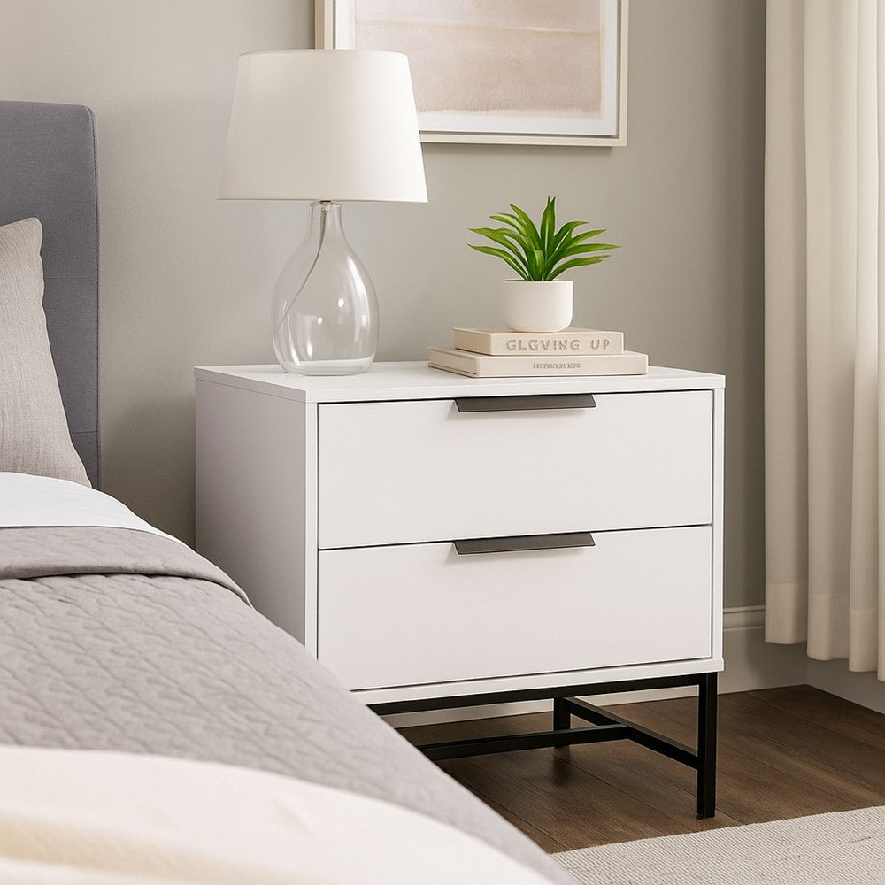 Noro Nightstand, 24 Inch, 2 Storage Drawers, Modern White, Black Metal -BM329234