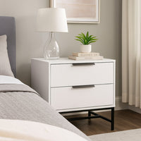 Noro Nightstand, 24 Inch, 2 Storage Drawers, Modern White, Black Metal -BM329234
