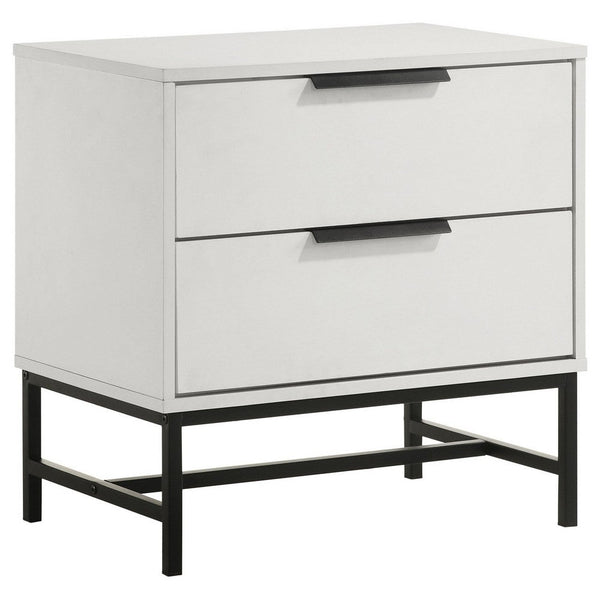 Noro Nightstand, 24 Inch, 2 Storage Drawers, Modern White, Black Metal -BM329234